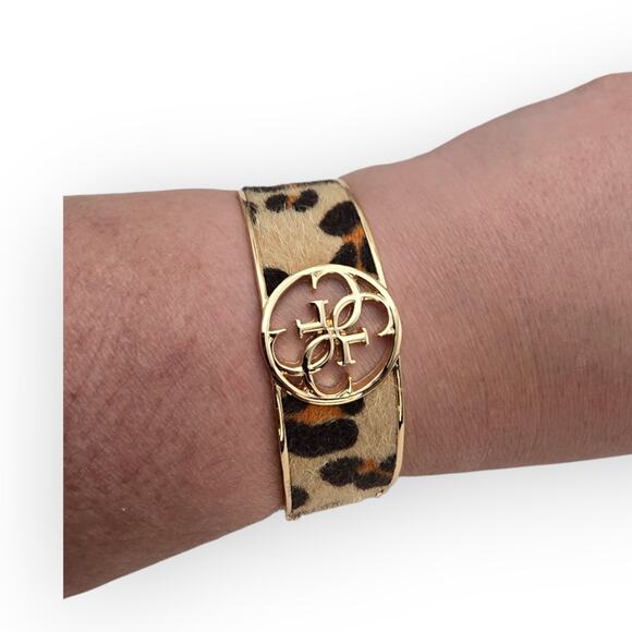 Guess Leopard Faux-Fur Logo Hinged Bangle – Gold-Tone Statement Bracelet - Picture 1 of 13